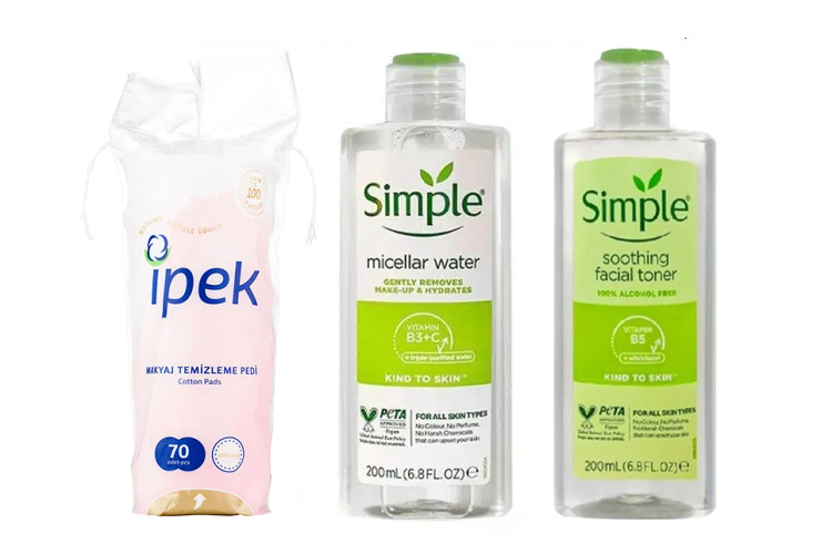 پک تونر و میسلار واتر سیمپل به همراه پد کتان ایپک، شامل Simple Toner و Micellar Water برای پاکسازی کامل پوست