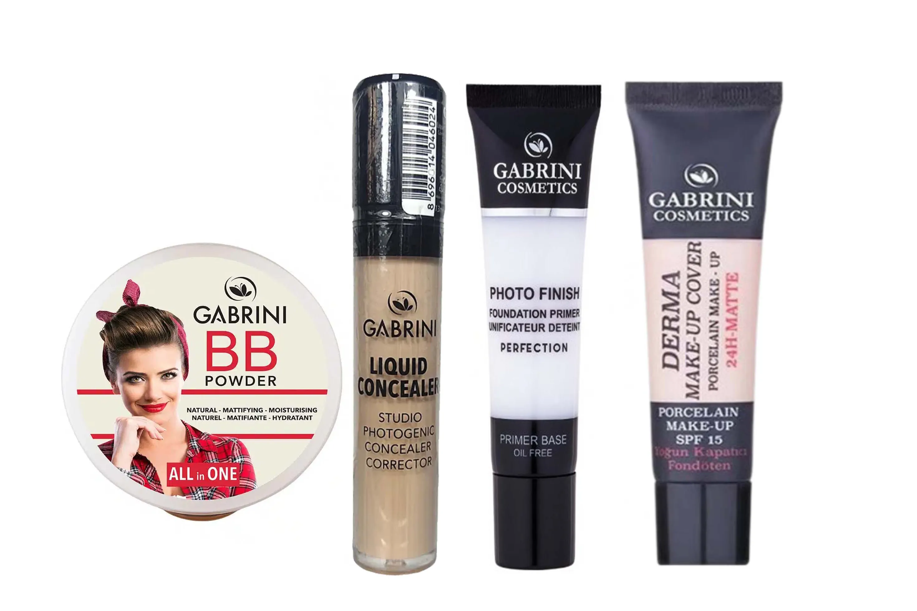 پک آرایشی گابرینی شامل بی‌بی‌کرم، کرم‌پودر، پرایمر و کانسیلر